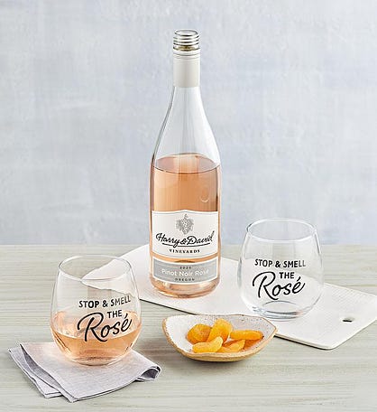 "Stop and Smell the Rosé" Wine Glasses with Rosé Wine